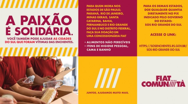 Fiat Comunità une esforços para arrecadação de doações para as vítimas das enchentes no Rio Grande do Sul em 09/05/2024